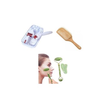 Rouleau de massage & Pierre de Jade Vert + Planche de Guasha & Brosse cheveux